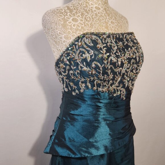 Allure Women's Size 14 Teal Strapless A-Line Appliques Taffeta Prom Dress Formal - Picture 7 of 14